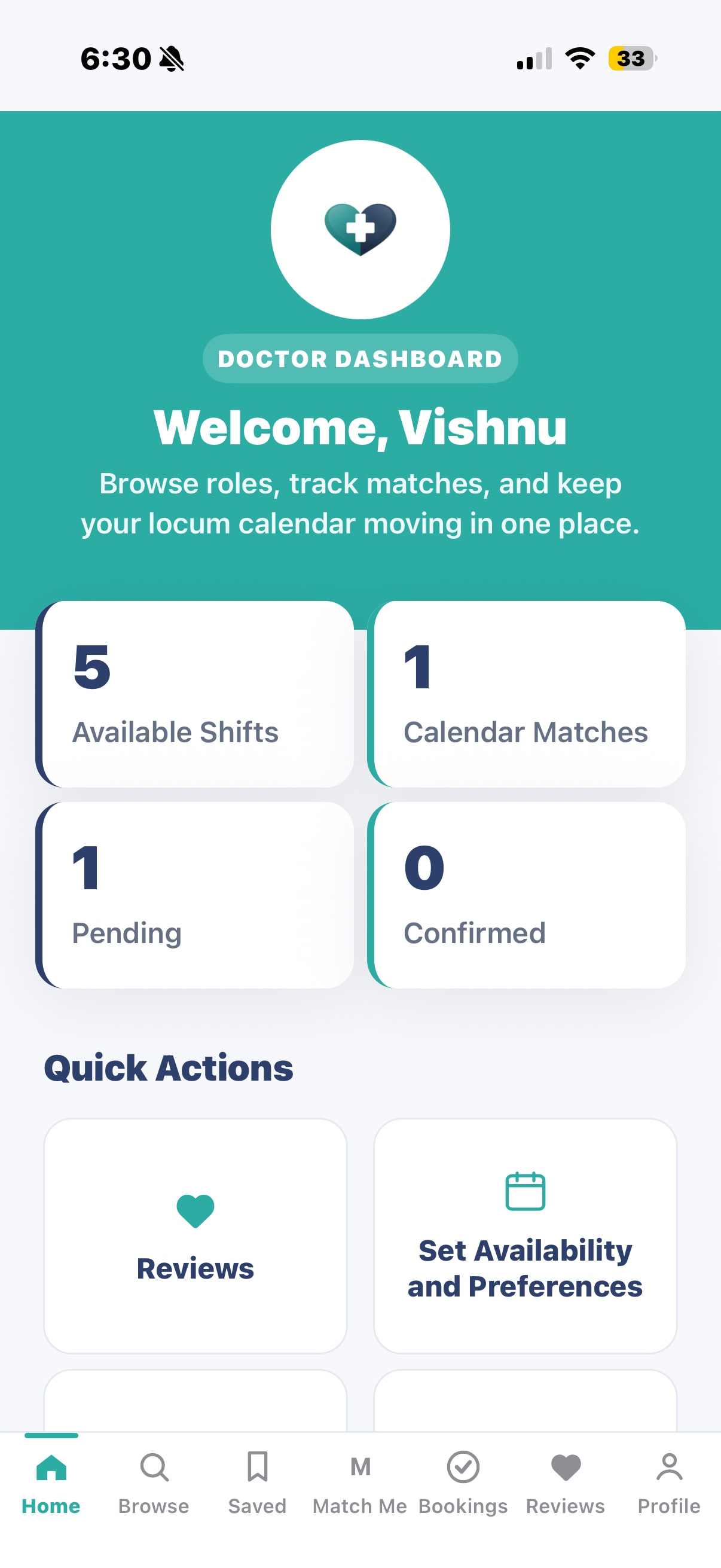Heart Bridge Health doctor dashboard — available shifts, calendar matches and bookings at a glance