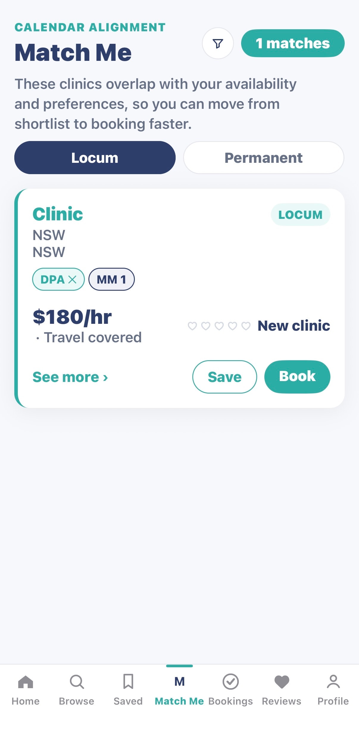 Heart Bridge Health Match Me screen — calendar-aligned GP matches at $180/hr in NSW