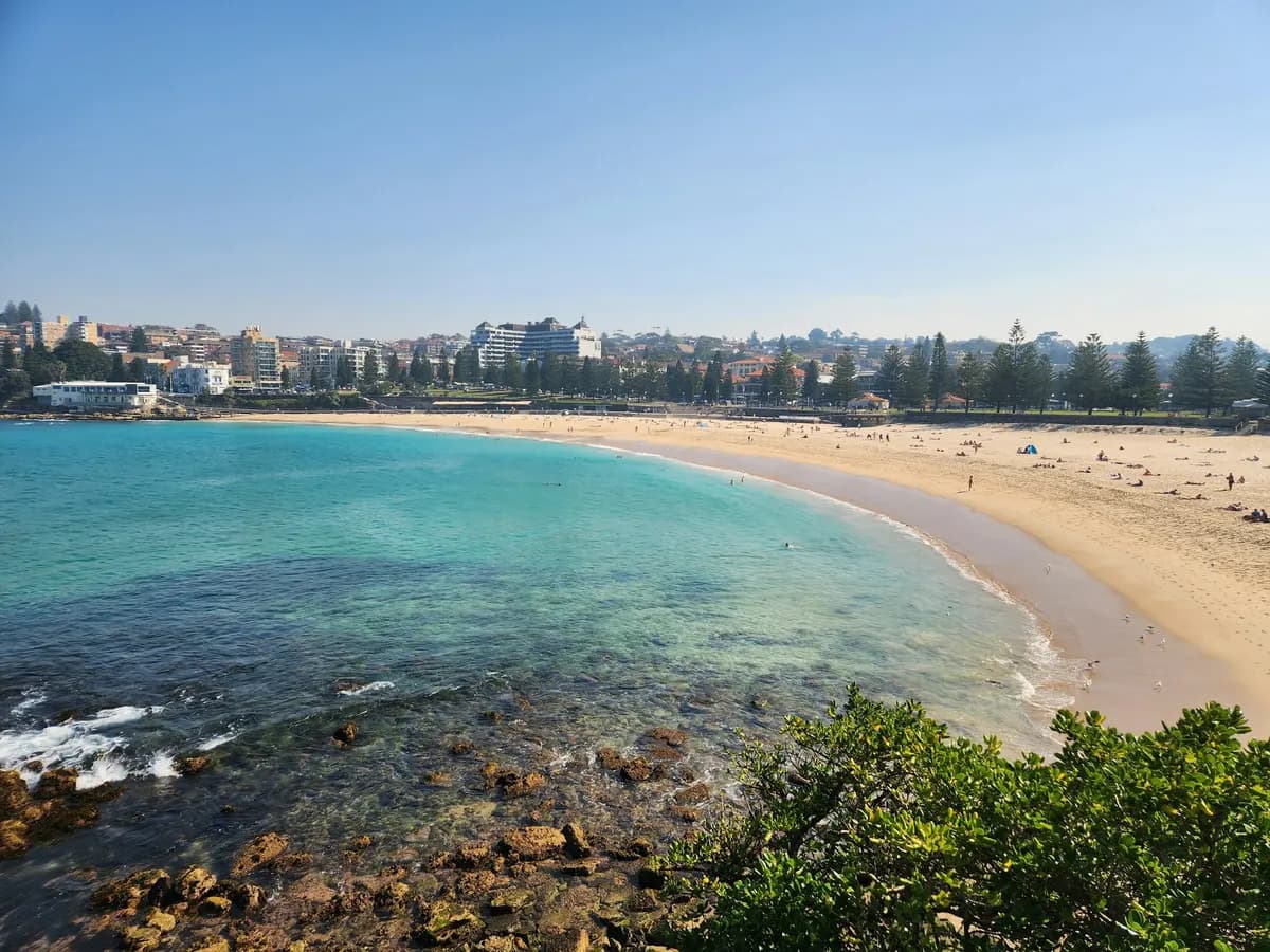 The wider Coogee coastline, the rock shelf in the foreground and the bay curving away towards the eastern suburbs