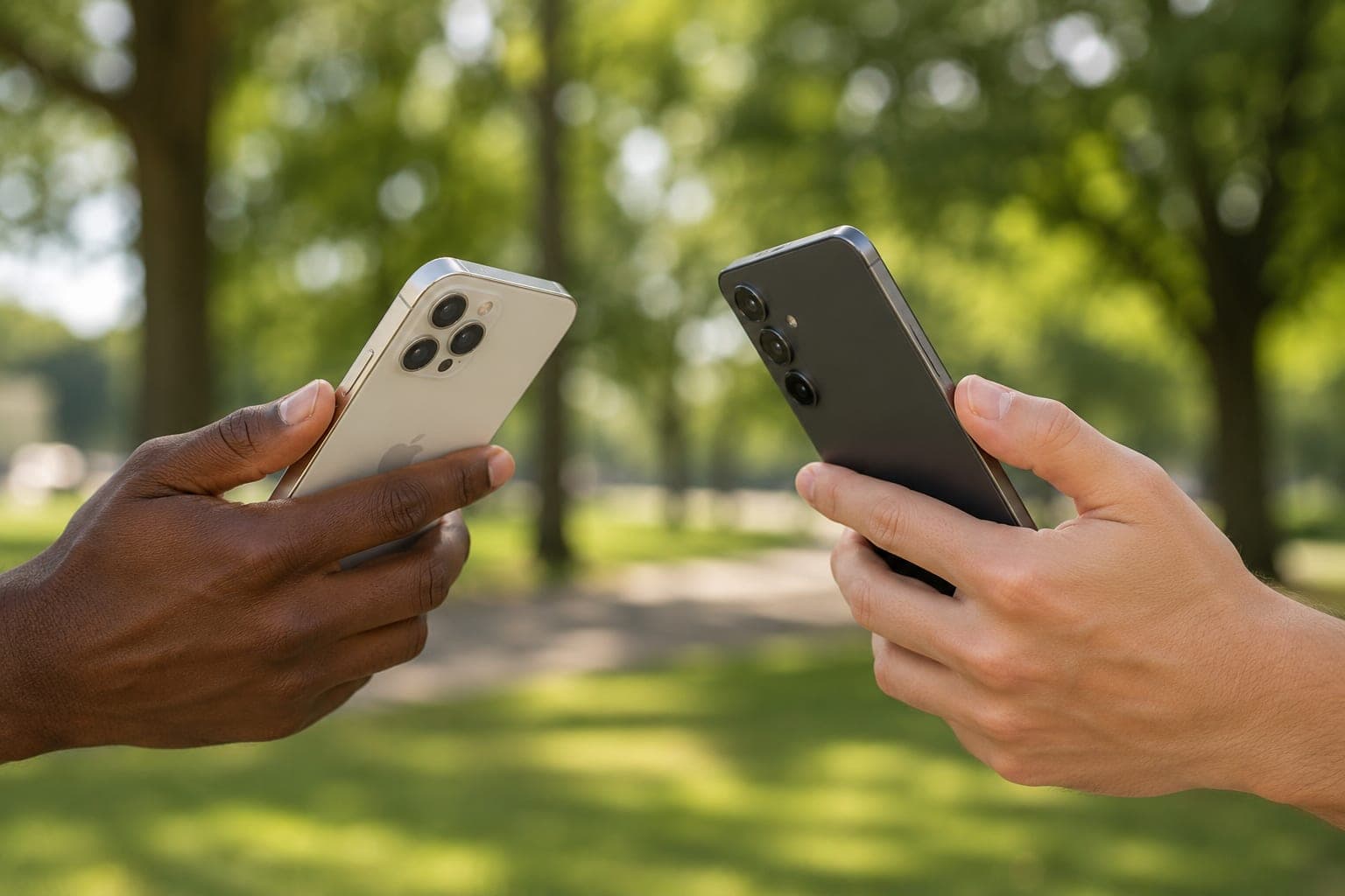 Two hands holding phones showing the Heart Bridge Health app