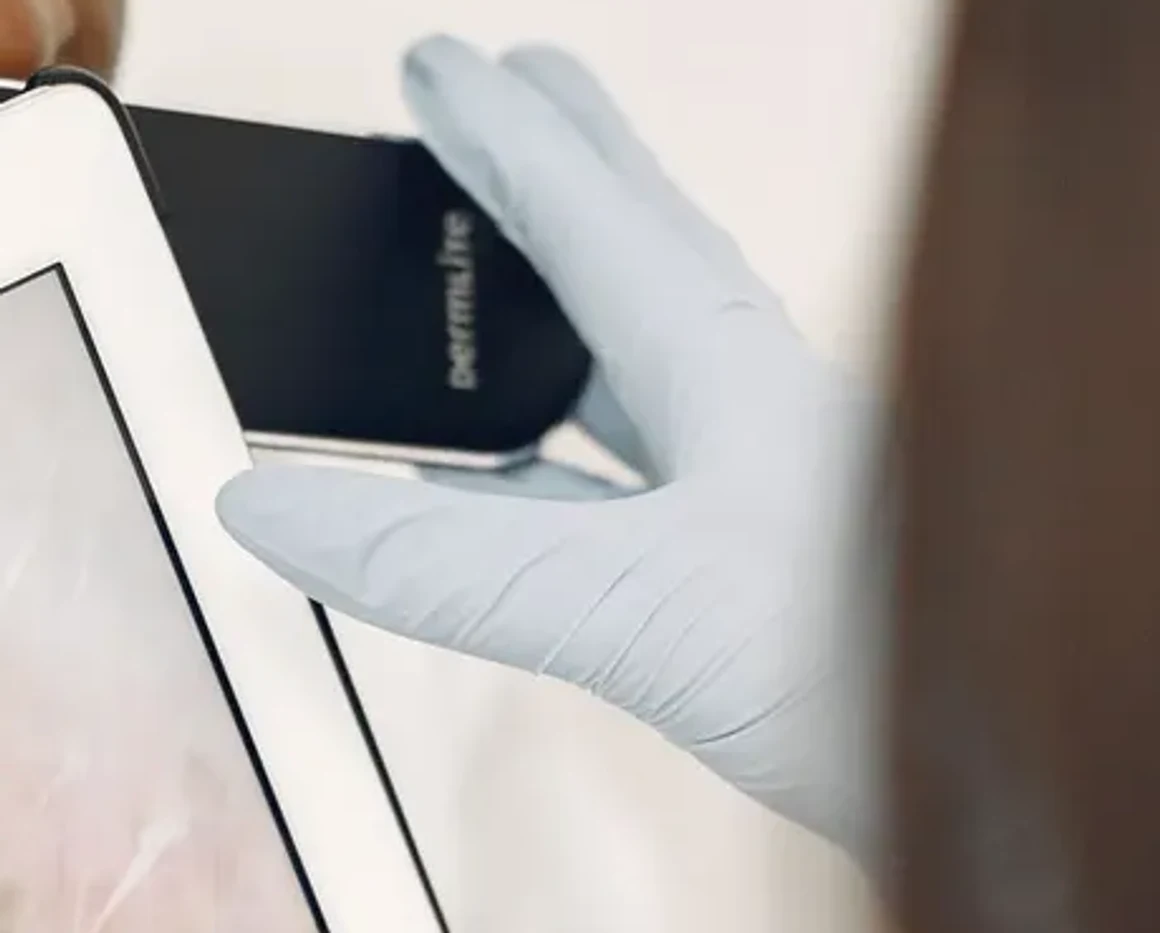 A gloved hand holding a dermatoscope, with a magnified view of skin on a tablet screen beside it