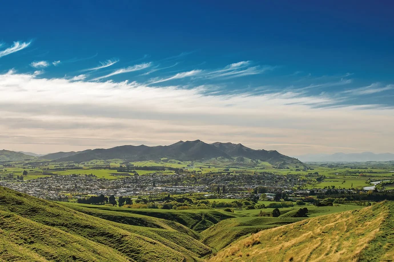 A wide green Southland valley under a big sky, with rolling farmland running to distant hills