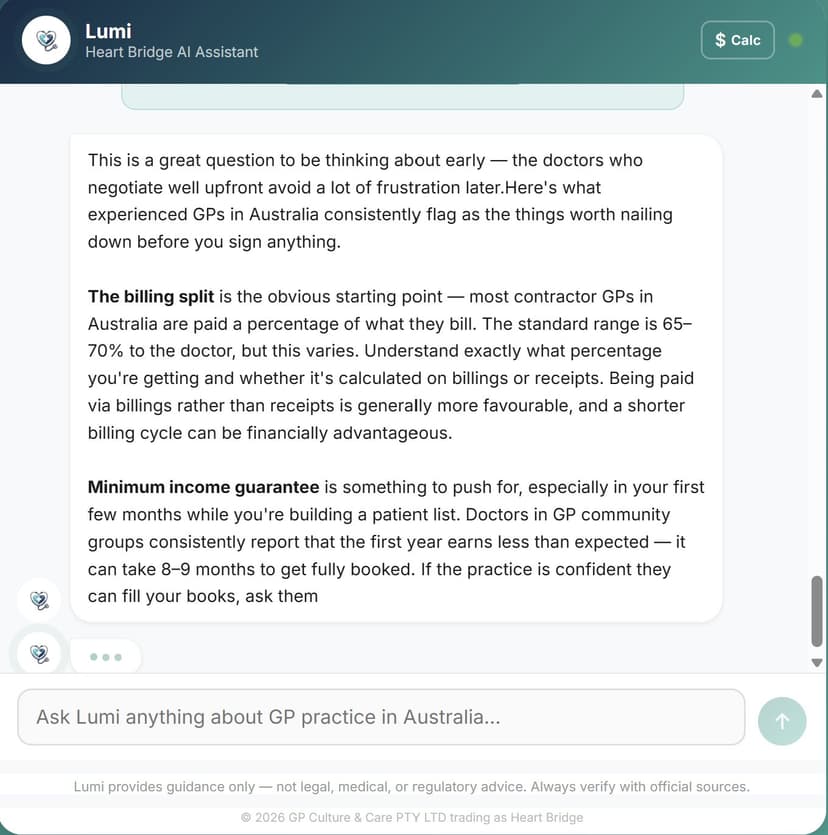Lumi AI chat interface helping Australian GPs with eligibility and earnings